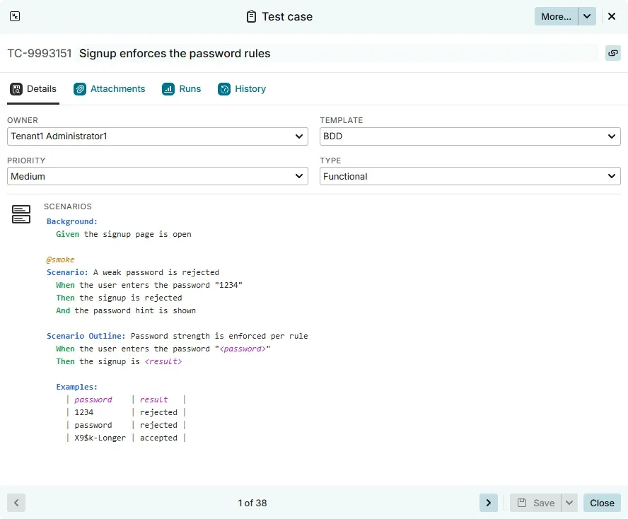 A BDD test case with Gherkin scenarios in Testiny