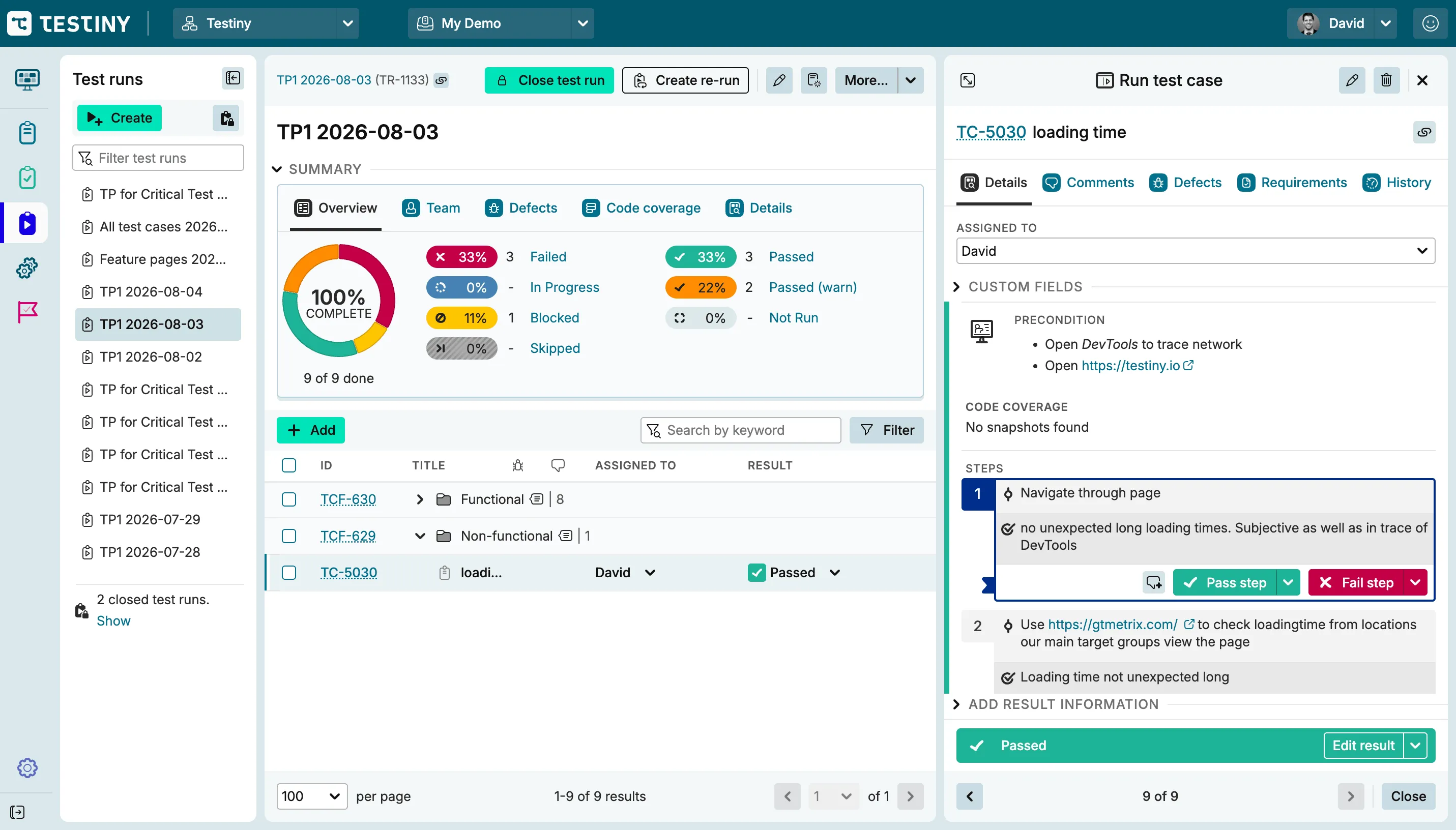 Testiny platform screenshot highlighting test run and test case management.