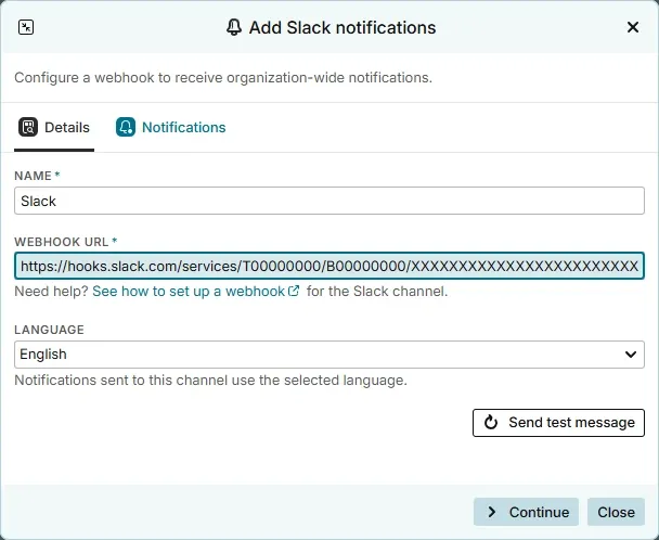 Adding a notification channel in Testiny with a name, a webhook address and a message language