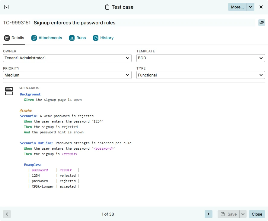 A BDD test case with Gherkin scenarios in Testiny