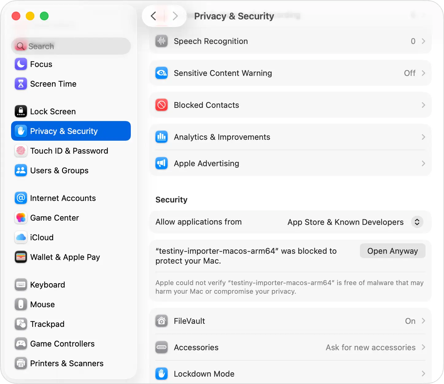 "Shows the System Settings on macOS for Privacy and Security configurations"