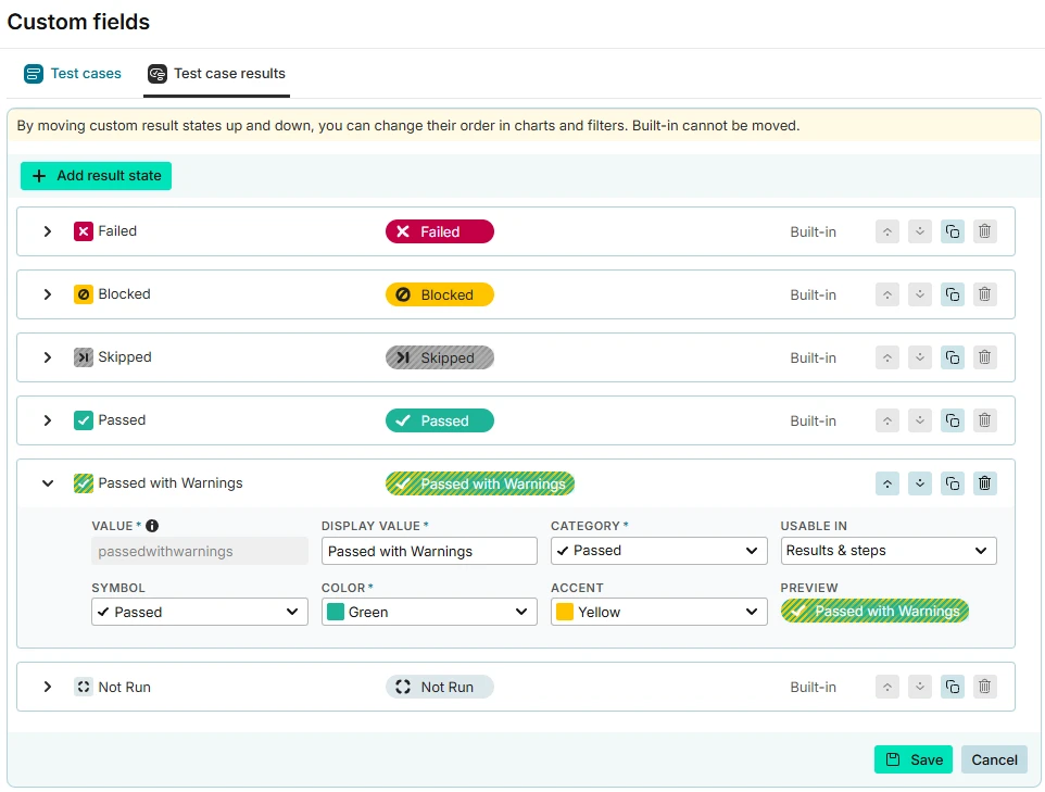 Custom result states editor on the Test case results tab