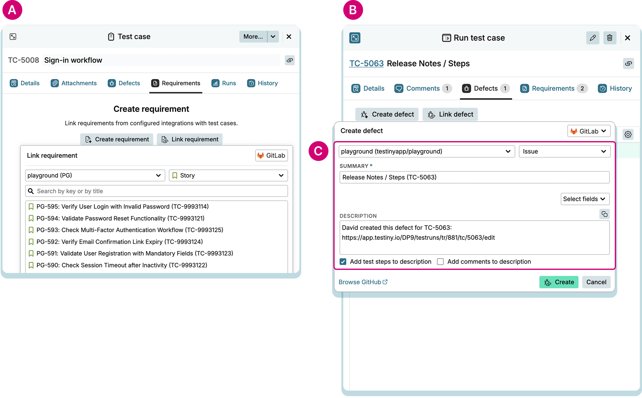 GitLab add-on — Create or link issues from within Testiny