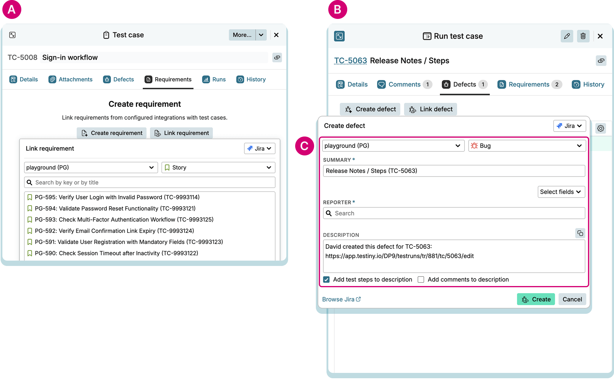 Jira add-on — Create or link issues from within Testiny