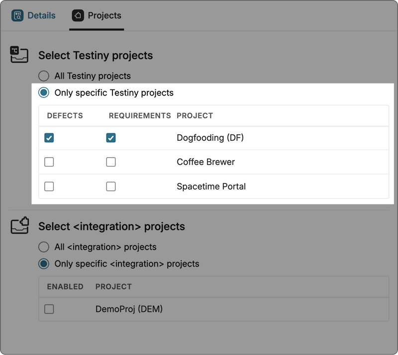 Project selection view