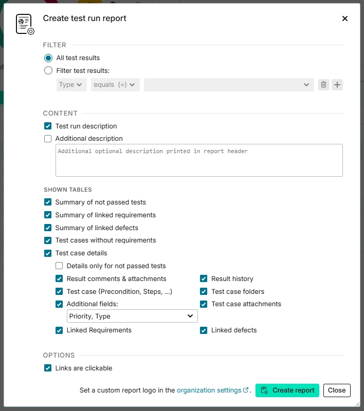 "Report settings for test runs"