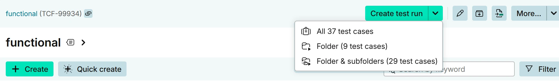Create test run menu of a folder with the Folder and Folder &amp; subfolders options