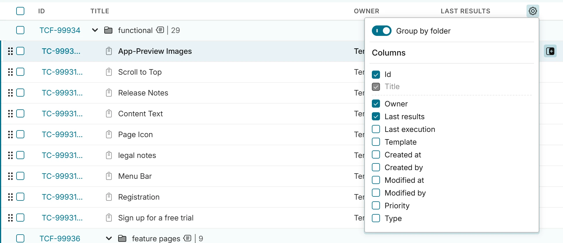 Test case table settings with the Group by folder switch