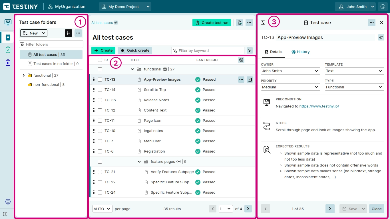 Test cases view