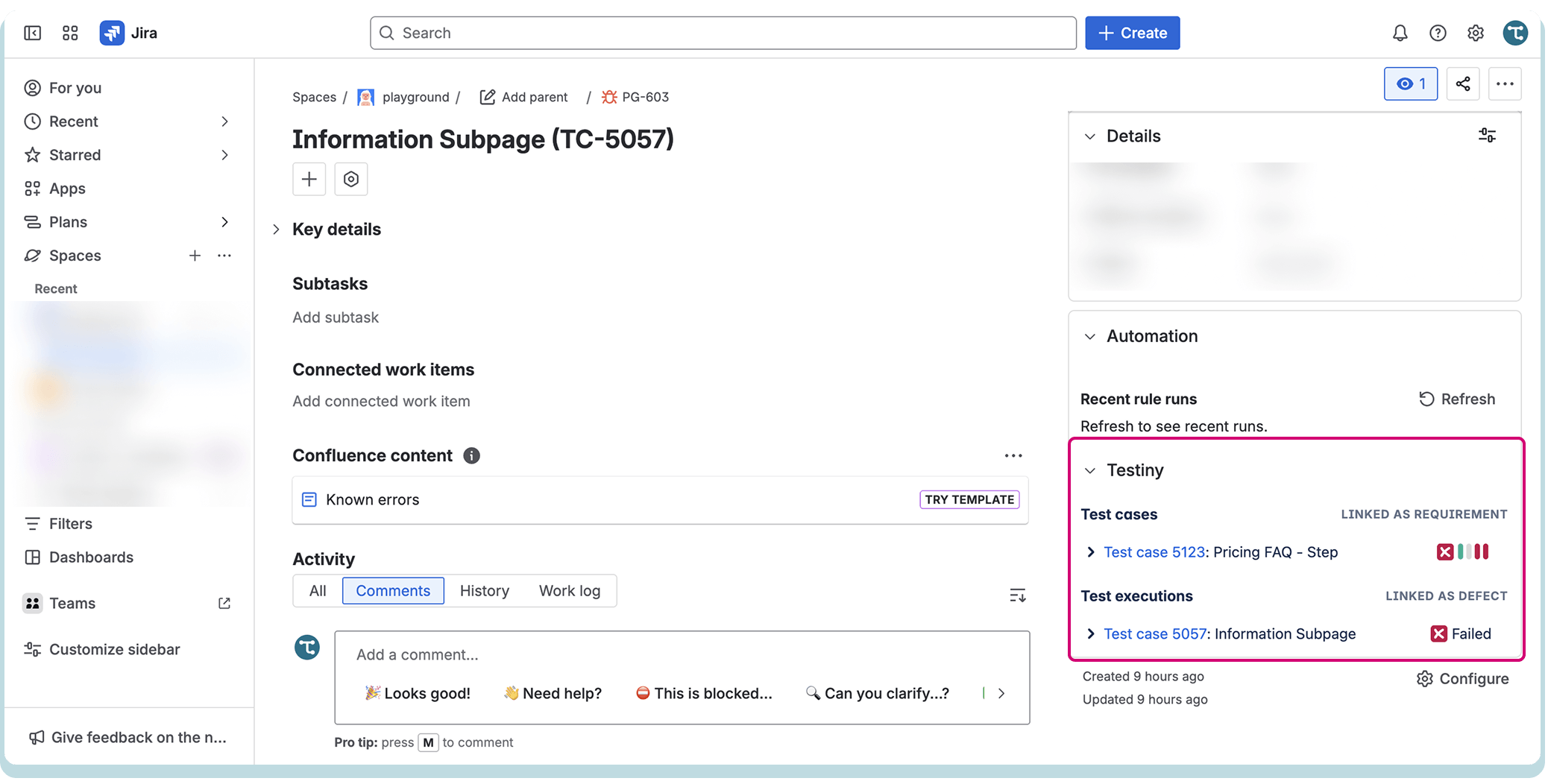 Testiny links in Jira, as Defects and Requirements