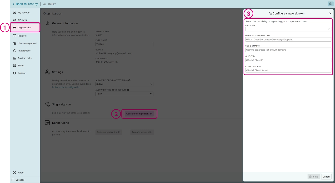 Testiny SSO Configuration Steps