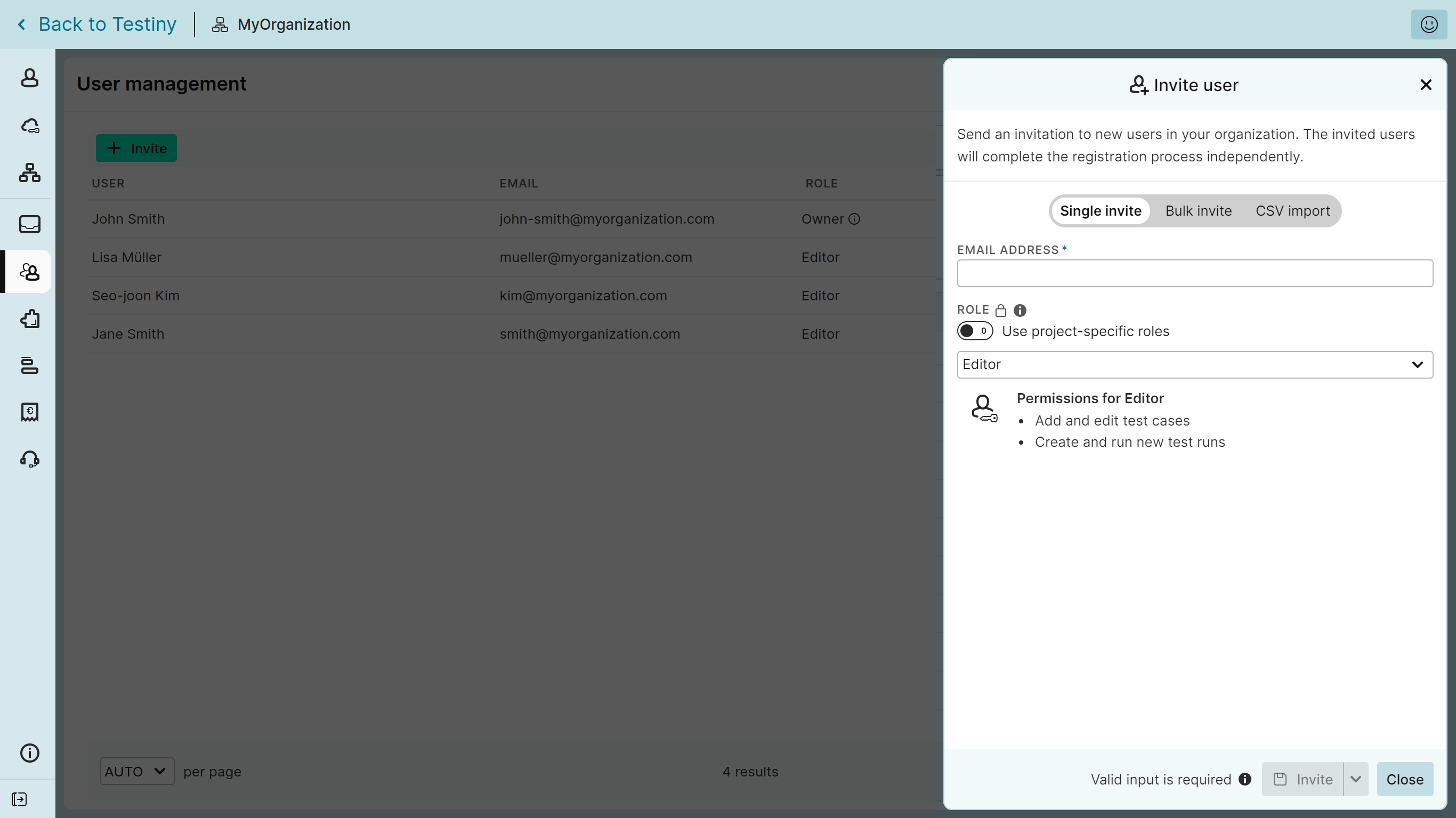 user management settings invite panel